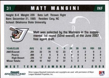 2008 Grandstand West Tenn Diamond Jaxx #16 Matt Mangini Back