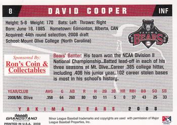 2008 Grandstand Yakima Bears #8 David Cooper Back