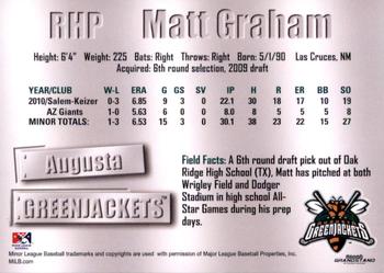 2011 Grandstand Augusta GreenJackets #NNO Matt Graham Back