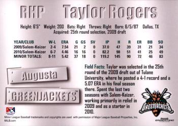 2011 Grandstand Augusta GreenJackets #NNO Taylor Rogers Back
