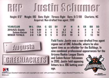 2011 Grandstand Augusta GreenJackets #NNO Justin Schumer Back