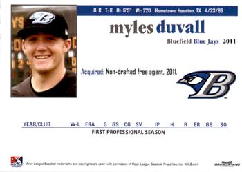 2011 Grandstand Bluefield Blue Jays #6 Myles Duvall Back