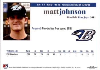 2011 Grandstand Bluefield Blue Jays #14 Matt Johnson Back