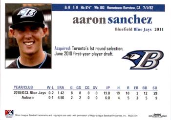 2011 Grandstand Bluefield Blue Jays #22 Aaron Sanchez Back