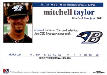 2011 Grandstand Bluefield Blue Jays #28 Mitchell Taylor Back