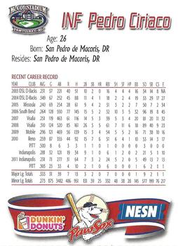 2012 Dunkin' Donuts Pawtucket Red Sox #7 Pedro Ciriaco Back