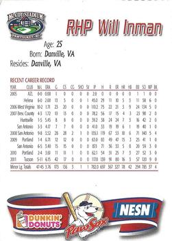 2012 Dunkin' Donuts Pawtucket Red Sox #15 Will Inman Back