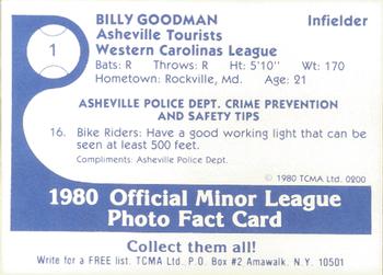1980 TCMA Asheville Tourists #1 Billy Goodman Back