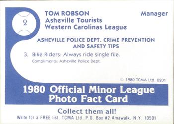 1980 TCMA Asheville Tourists #2 Tom Robson Back