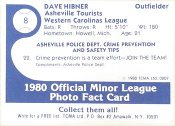 1980 TCMA Asheville Tourists #8 Dave Hibner Back
