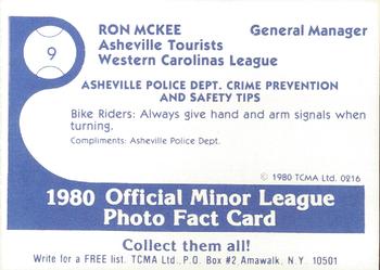 1980 TCMA Asheville Tourists #9 Ron McKee Back