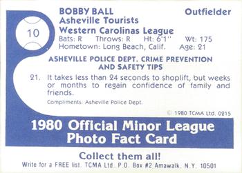 1980 TCMA Asheville Tourists #10 Bobby Ball Back