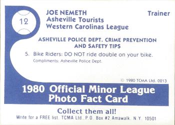 1980 TCMA Asheville Tourists #12 Joe Nemeth Back