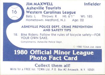 1980 TCMA Asheville Tourists #16 Jim Maxwell Back