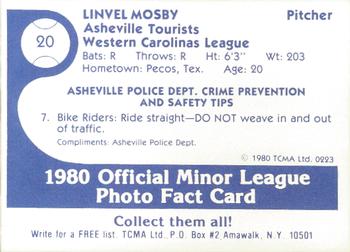 1980 TCMA Asheville Tourists #20 Linvel Mosby Back