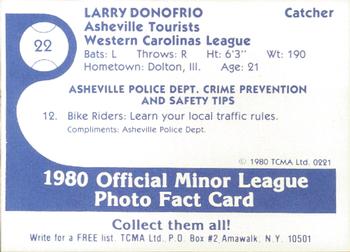 1980 TCMA Asheville Tourists #22 Larry Donofrio Back