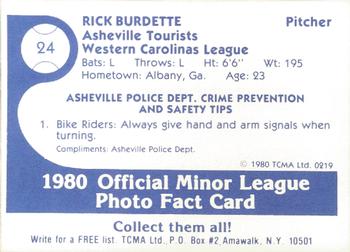 1980 TCMA Asheville Tourists #24 Rick Burdette Back