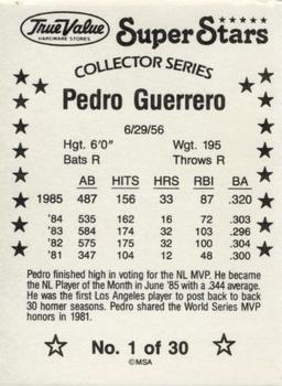 1986 True Value #1 Pedro Guerrero Back
