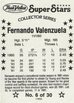 1986 True Value #6 Fernando Valenzuela Back