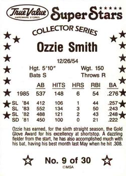 1986 True Value #9 Ozzie Smith Back