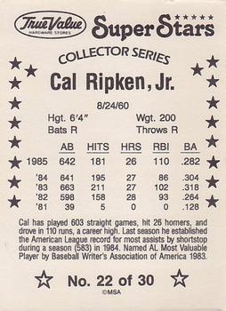 1986 True Value #22 Cal Ripken, Jr. Back