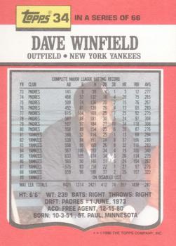 1990 Topps TV New York Yankees #34 Dave Winfield Back