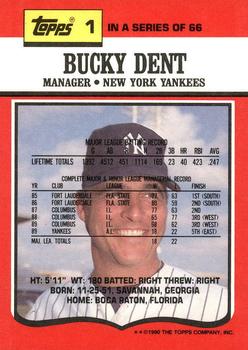 1990 Topps TV New York Yankees #1 Bucky Dent Back