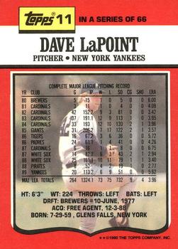 1990 Topps TV New York Yankees #11 Dave LaPoint Back