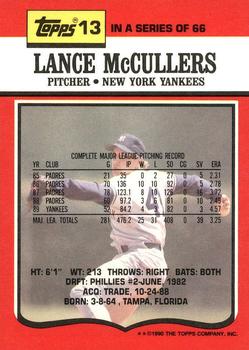 1990 Topps TV New York Yankees #13 Lance McCullers Back