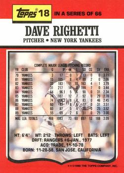 1990 Topps TV New York Yankees #18 Dave Righetti Back