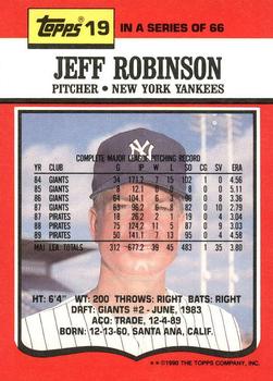 1990 Topps TV New York Yankees #19 Jeff Robinson Back