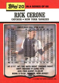 1990 Topps TV New York Yankees #20 Rick Cerone Back