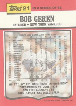 1990 Topps TV New York Yankees #21 Bob Geren Back