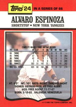 1990 Topps TV New York Yankees #24 Alvaro Espinoza Back