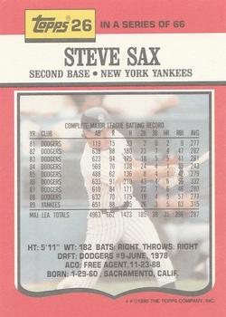 1990 Topps TV New York Yankees #26 Steve Sax Back
