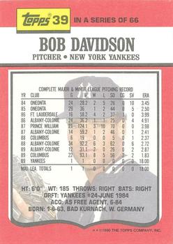 1990 Topps TV New York Yankees #39 Bobby Davidson Back