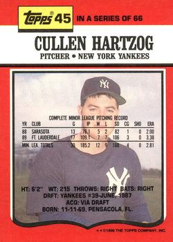 1990 Topps TV New York Yankees #45 Cullen Hartzog Back