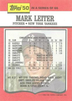 1990 Topps TV New York Yankees #50 Mark Leiter Back