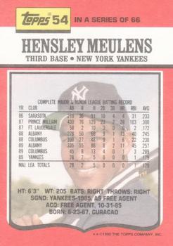 1990 Topps TV New York Yankees #54 Hensley Meulens Back