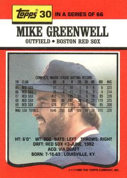 1990 Topps TV Boston Red Sox #30 Mike Greenwell Back