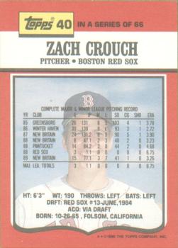1990 Topps TV Boston Red Sox #40 Zach Crouch Back