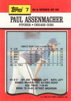 1990 Topps TV Chicago Cubs #7 Paul Assenmacher Back