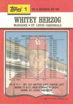 1990 Topps TV St. Louis Cardinals #1 Whitey Herzog Back