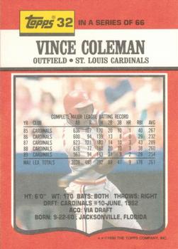 1990 Topps TV St. Louis Cardinals #32 Vince Coleman Back