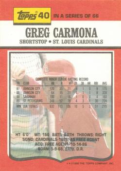 1990 Topps TV St. Louis Cardinals #40 Greg Carmona Back