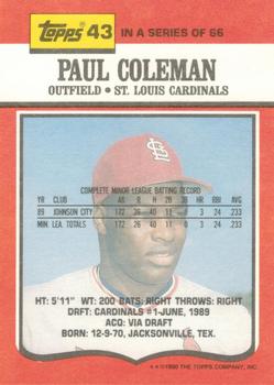 1990 Topps TV St. Louis Cardinals #43 Paul Coleman Back