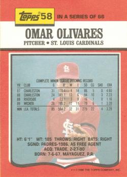 1990 Topps TV St. Louis Cardinals #58 Omar Olivares Back
