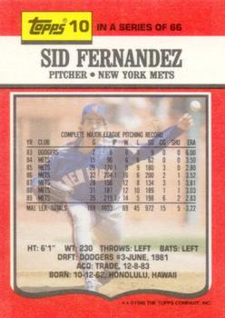 1990 Topps TV New York Mets #10 Sid Fernandez Back