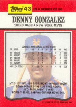 1990 Topps TV New York Mets #43 Denny Gonzalez Back