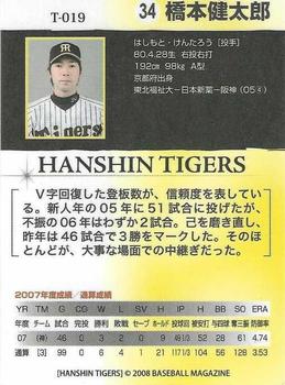 2008 BBM Hanshin Tigers #T019 Kentaro Hashimoto Back